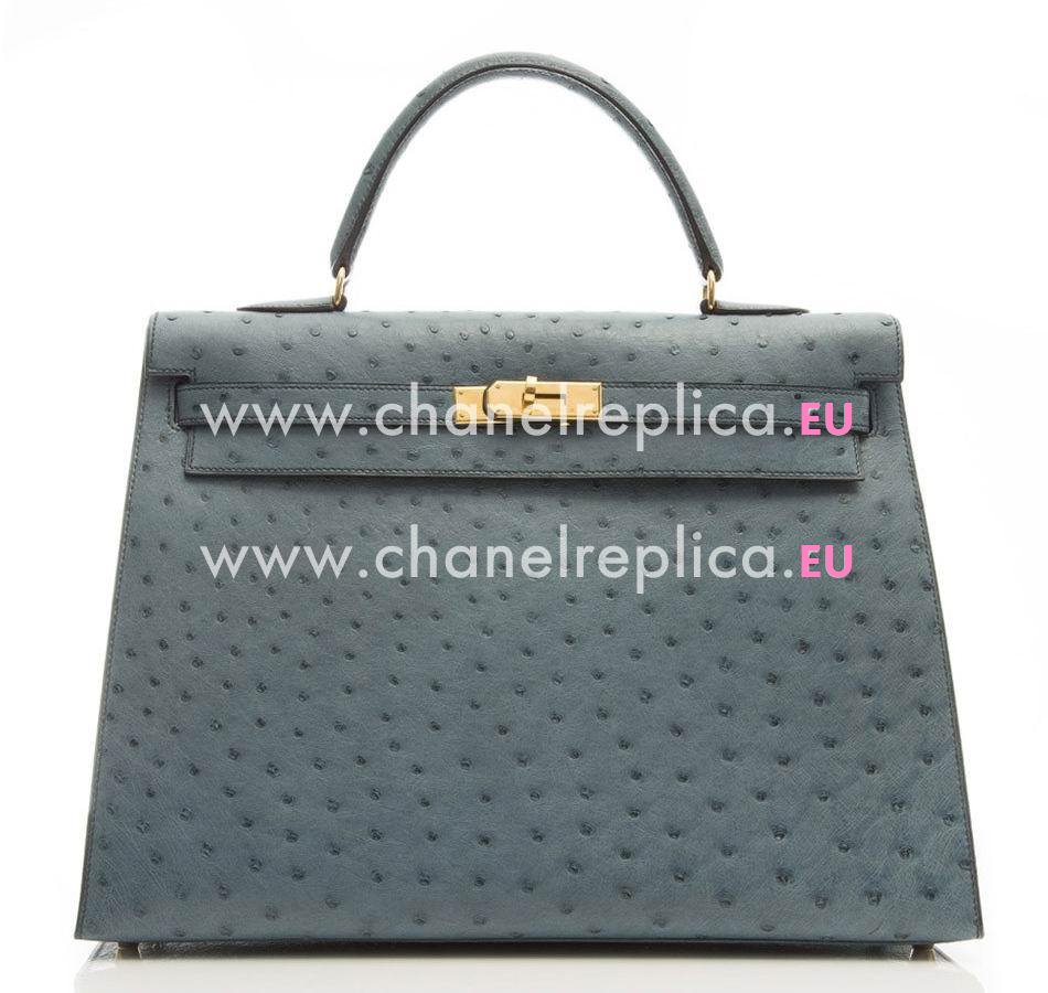 Hermes Kelly 35cm Blue Jean Ostrich Gold Hardware Handbag HK1035TNP
