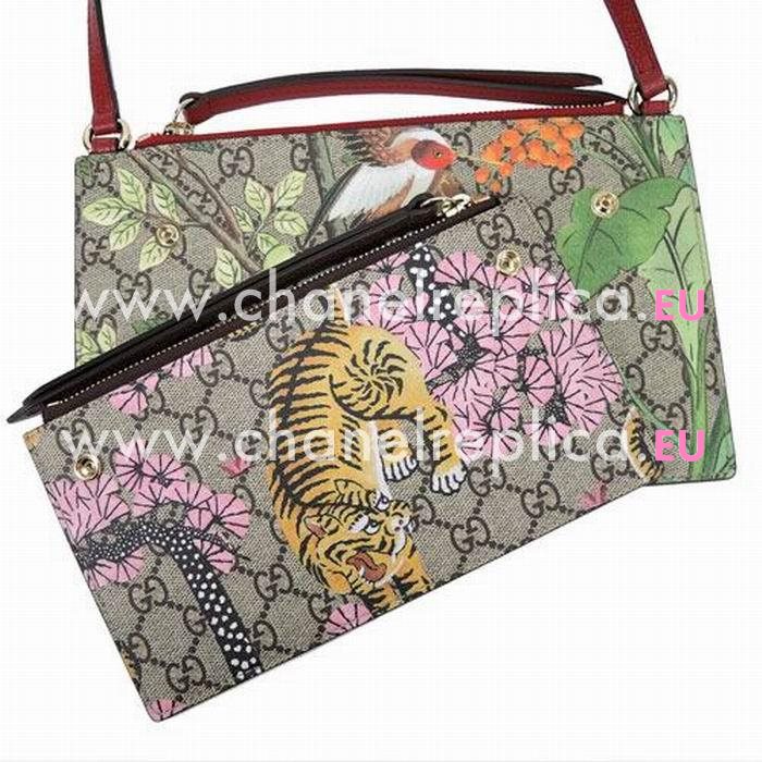 Gucci GG Supreme Flower Bird Tiger Printing Calfskin Shoulder Bag In Khaki G7040809