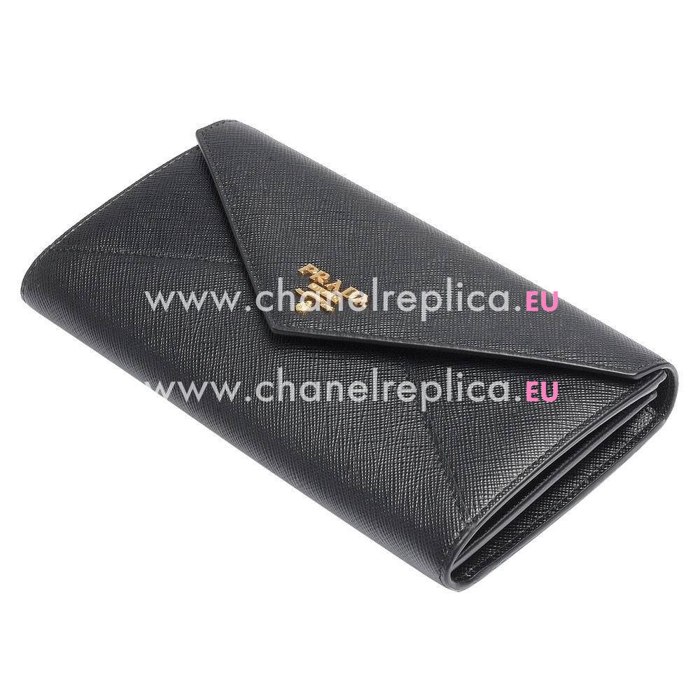 Prada Letter Gold Embossment Logo Cowhide Wallet In Black PR61017012