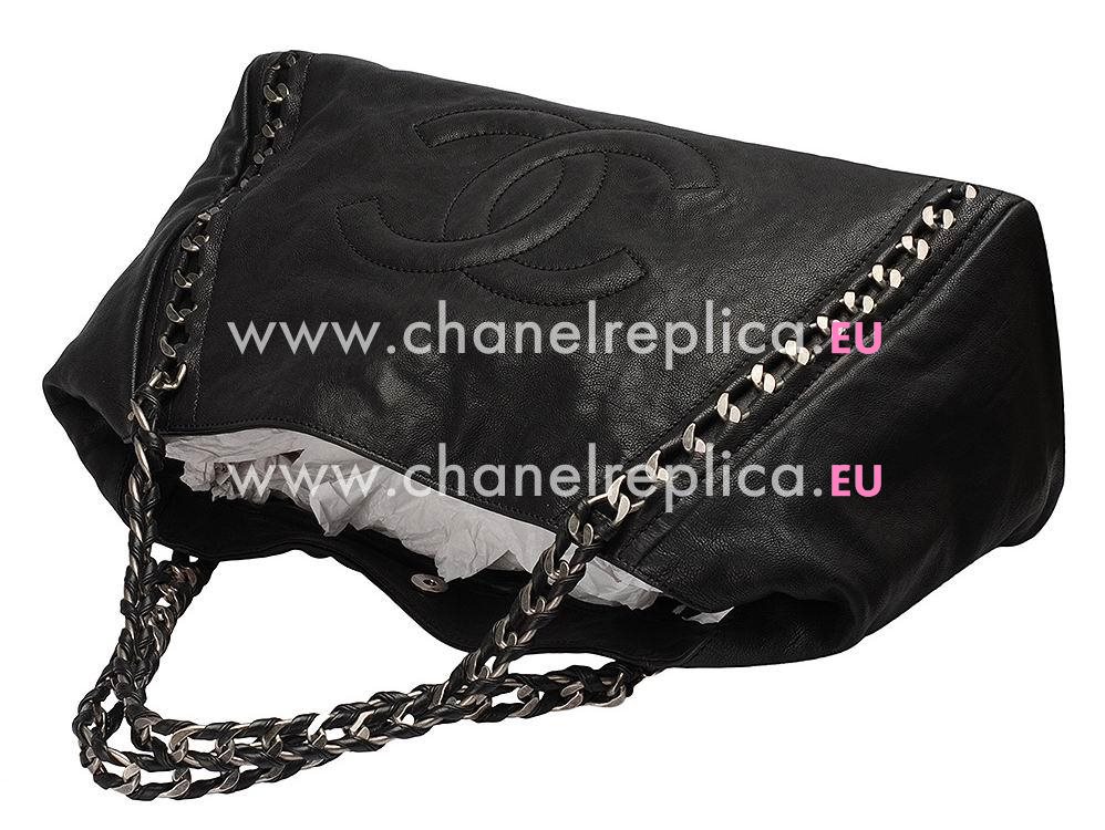 Chanel CC Logo Cowhide Shop Tote Bag Black(Silver) A53187