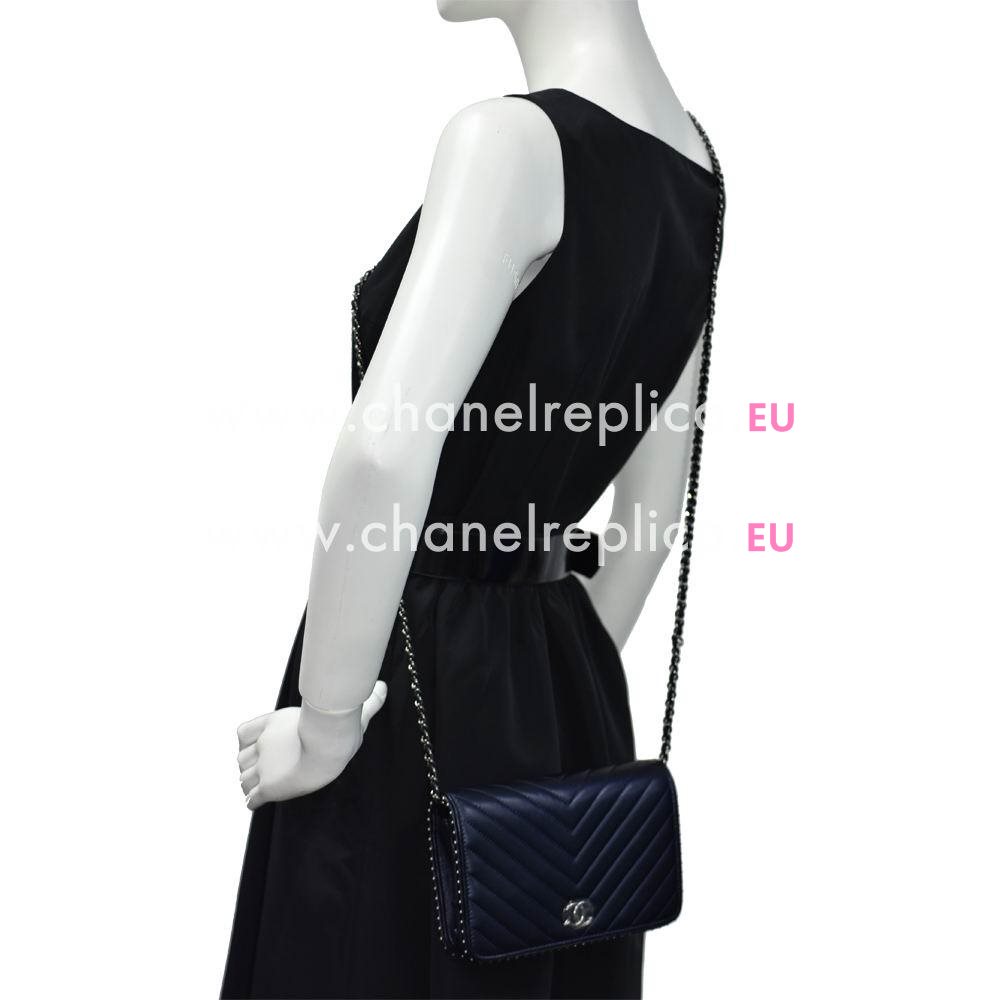 Chanel Lambskin V Silver Chain Woc Bag Blue AB015994
