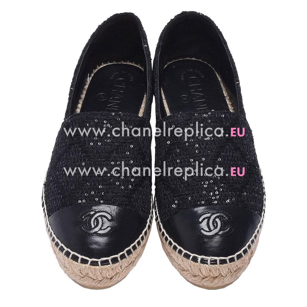 Chanel Classic Espadrilles Sheepskin CC Logo Shoes Black C7030201