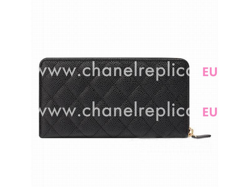 Chanel Caviar CC Logo Long Wallet Black Gold A49982