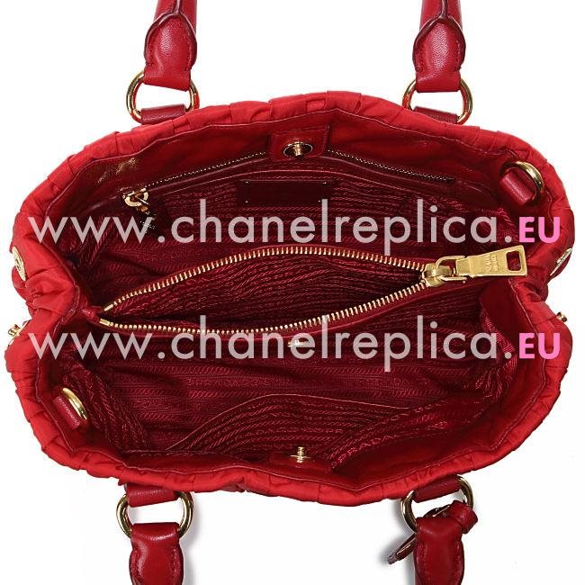 Prada Gaufre Ruffled Nylon Gold Logo Handbag In Red PBR4962