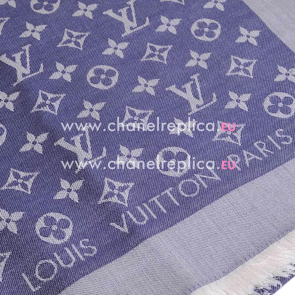 Louis Vuitton Monogram Flower Figure Denim Silk Wool Shawl Blue M7137G