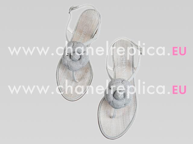 Chanel Golden CC Denim Camellia Sandals In Gray CH44281