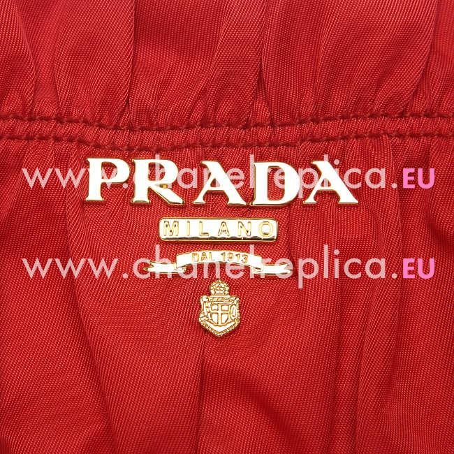 Prada Gaufre Ruffled Nylon Gold Logo Handbag In Red PBR4962