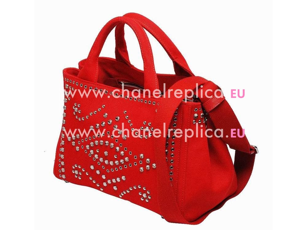 Prada Canapa Emboss Logo Denim Shoulder Bag Rose Red BN57339