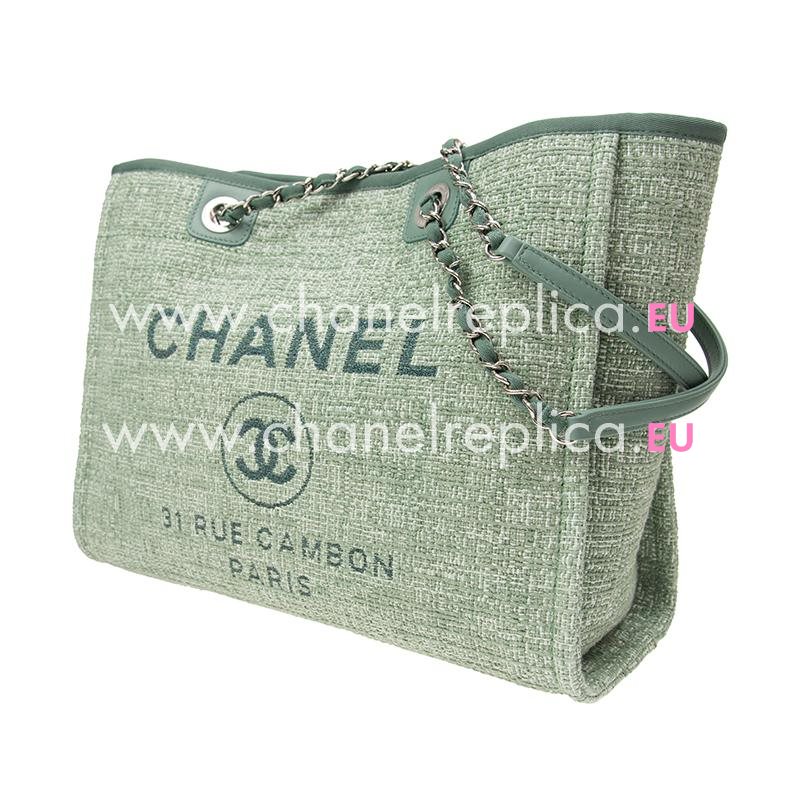 Chanel Green Tweed Canvas Deauville Shop Tote Bag Silver Chain A67001CLTDGRNSS