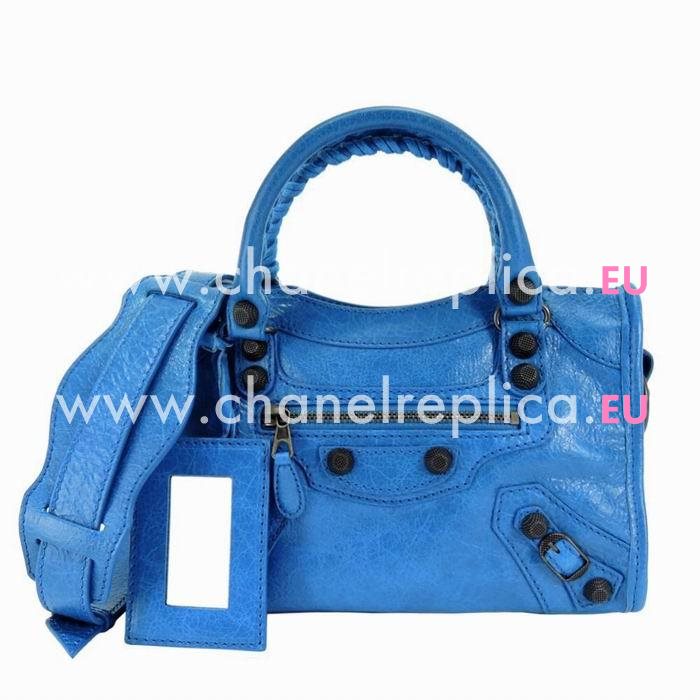 Balenciaga Giant City Gold Button Cowskin Motorcycle Bag Blue B7021408