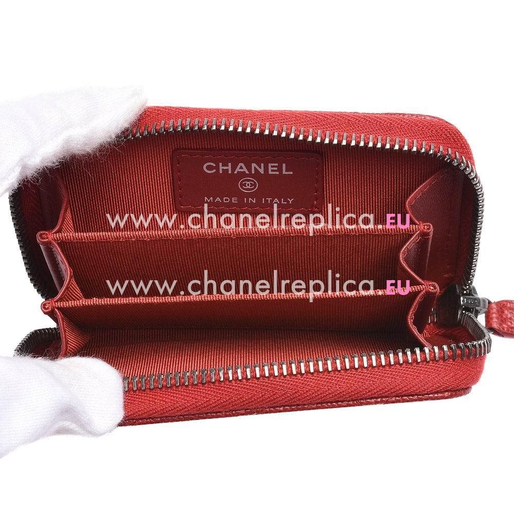 Chanel Classic Anti Silvery CC Logo Caviar Calfskin Rhombus Zipper Change Purse Red C6111114