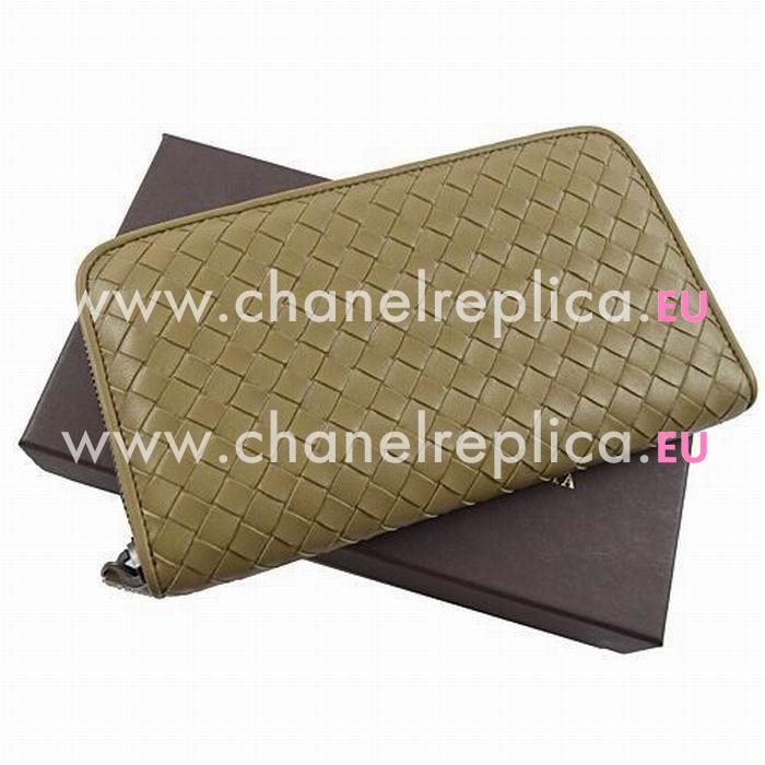 Bottega Veneta Classic Weave Zipper Nappa Wallet In Khaki B6110706