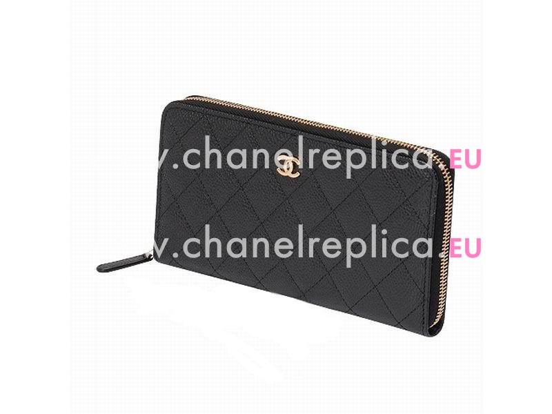 Chanel Caviar CC Logo Long Wallet Black Gold A49982