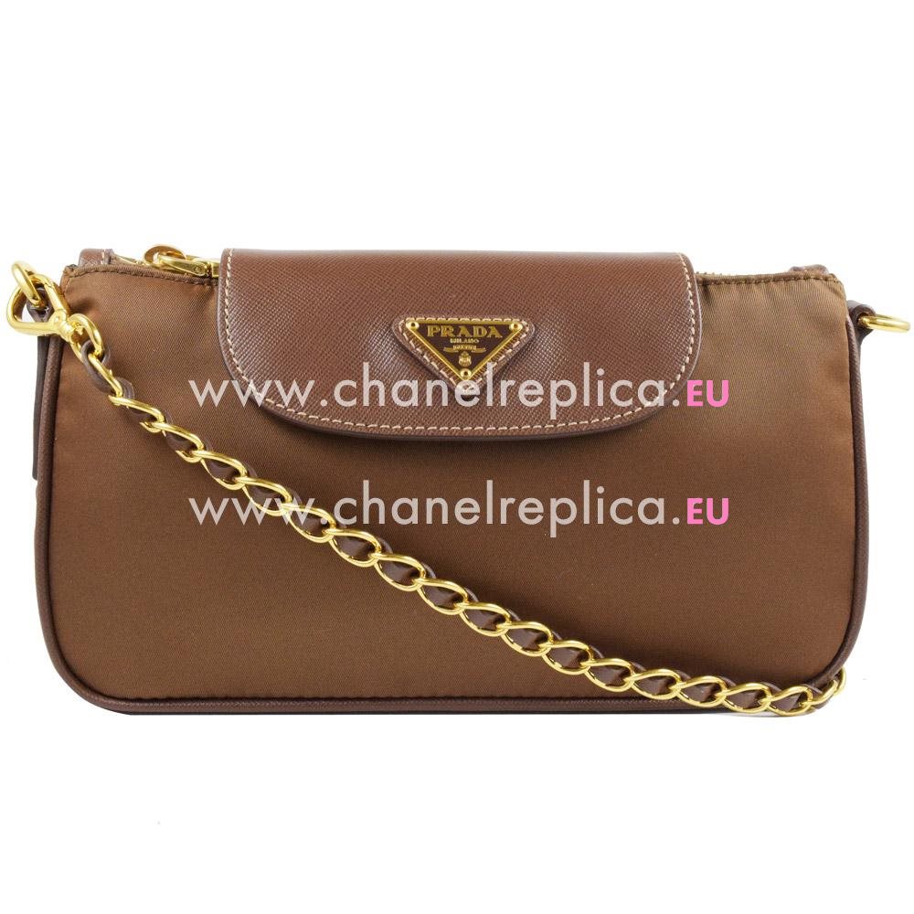 Prada Triangle Logo Plate Gold Cluch Nylon Bag In Coffee PBT0779