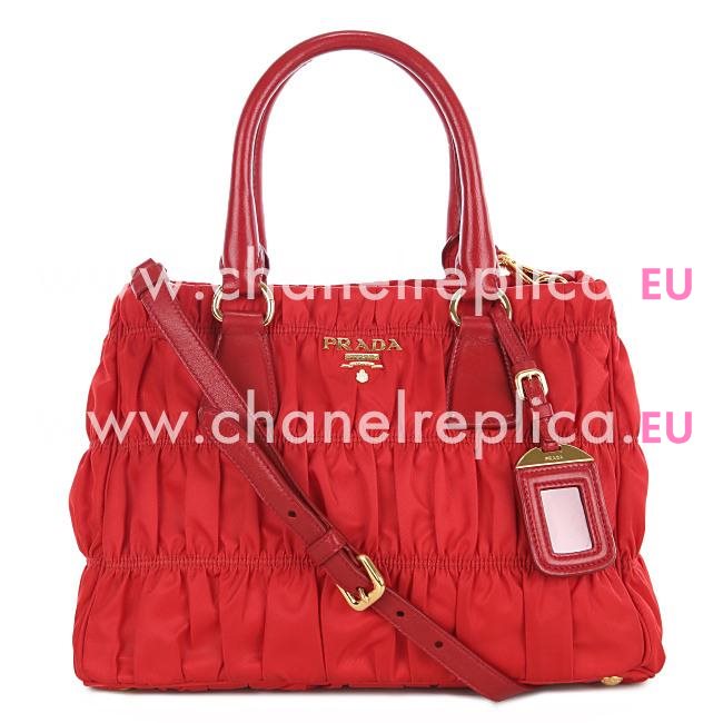 Prada Gaufre Ruffled Nylon Gold Logo Handbag In Red PBR4962