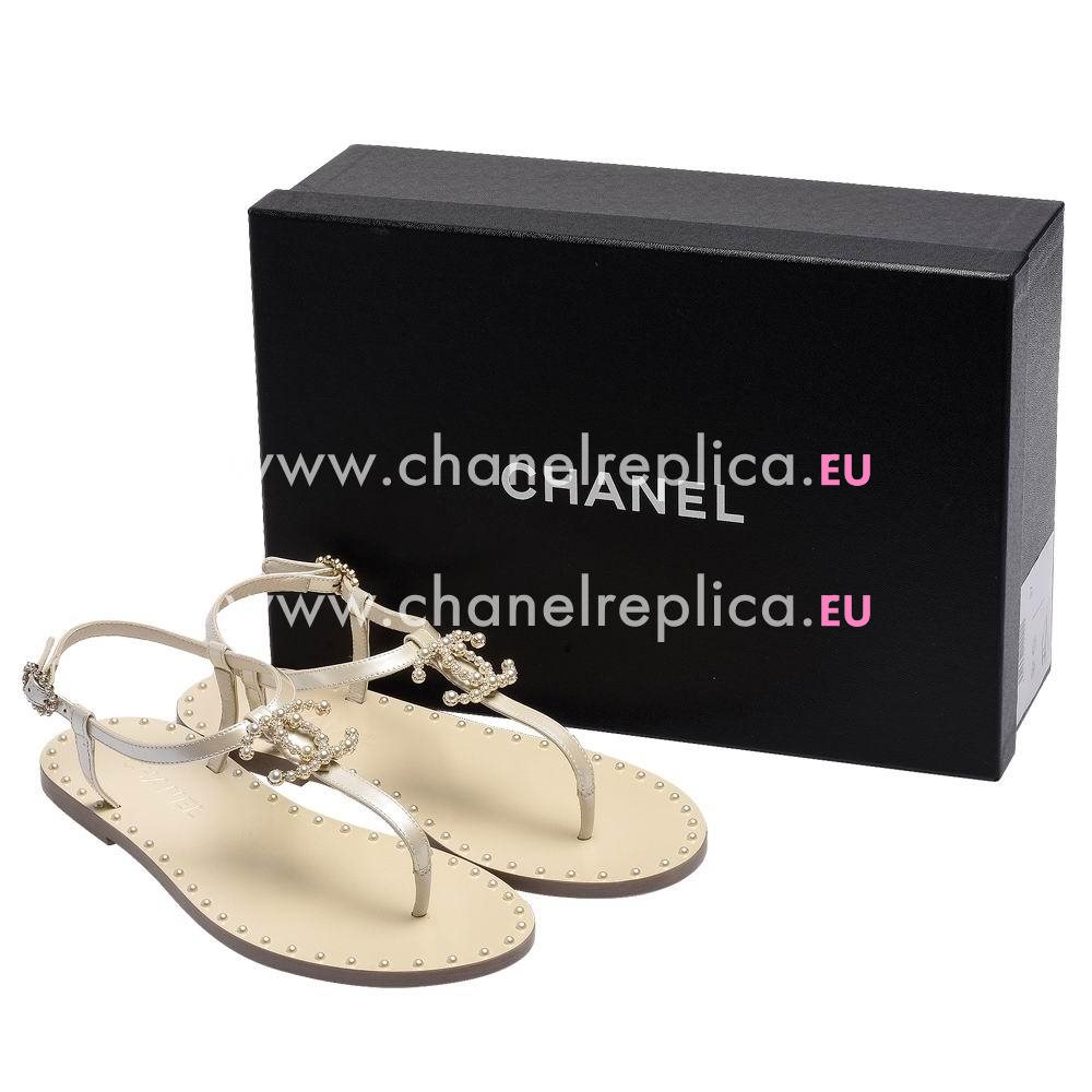 Chanel Classic Pearl CC Logo Patent Leather Sandal Offwhite AS739129