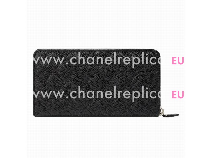 Chanel Caviar CC Logo Long Wallet Black Silver A49983