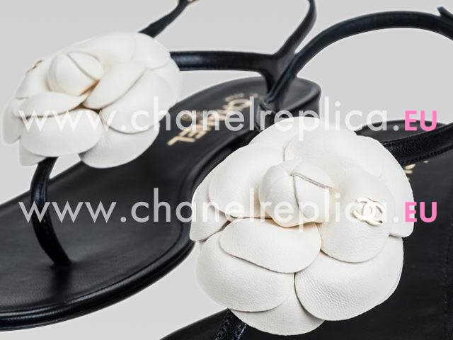 Chanel Golden CC White Camellia Sandals In Black CH44392
