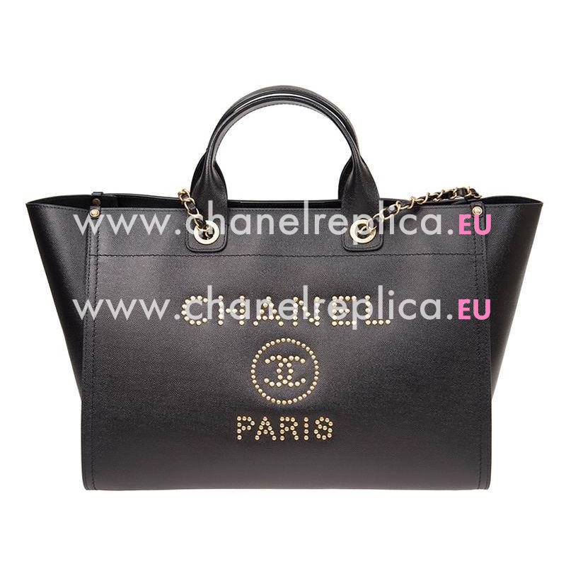 Chanel Deauville Grained Calfskin Silver Chain Larger Shop Tote Bag A57067CBLKGP