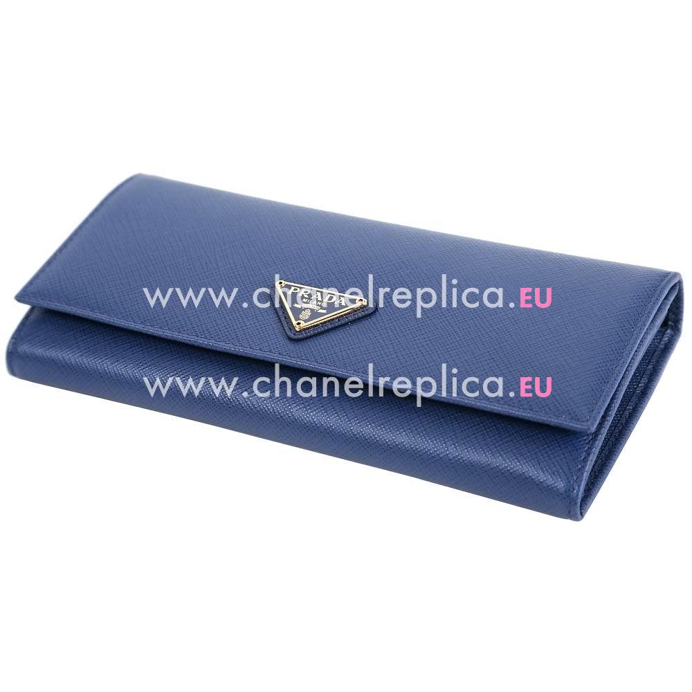 Prada Saffiano Triangle Logo Cowhide Wallet In Blue PR61018017