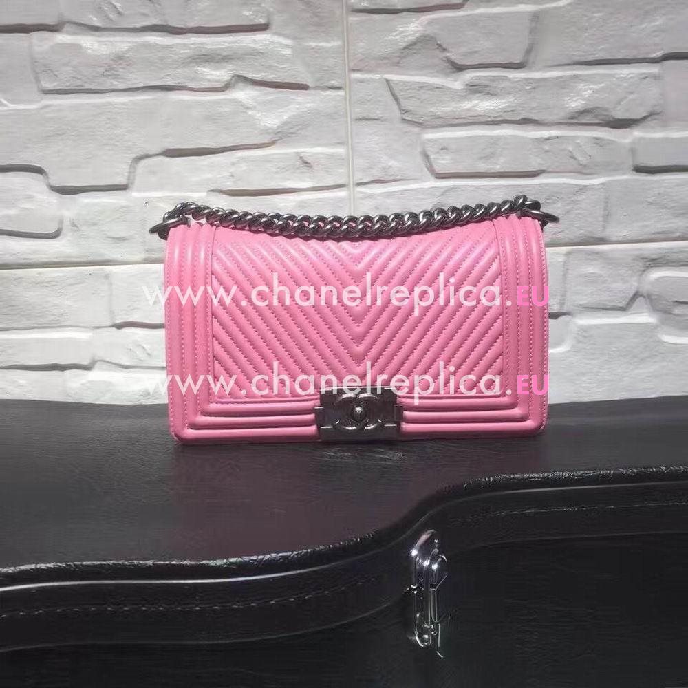 CHANEL Boy V Lines Cuprum Anti Silvery Hardware Sheepskin Bag in Pink C7032205