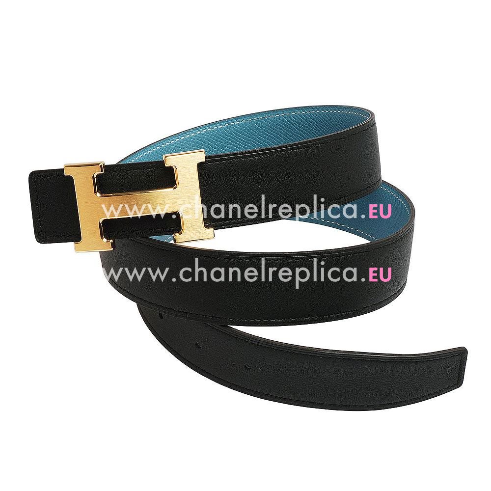 Hermes Gold H Buckle Black-Sky blue Calfskin-Epsom Two-sided Belt H559N10