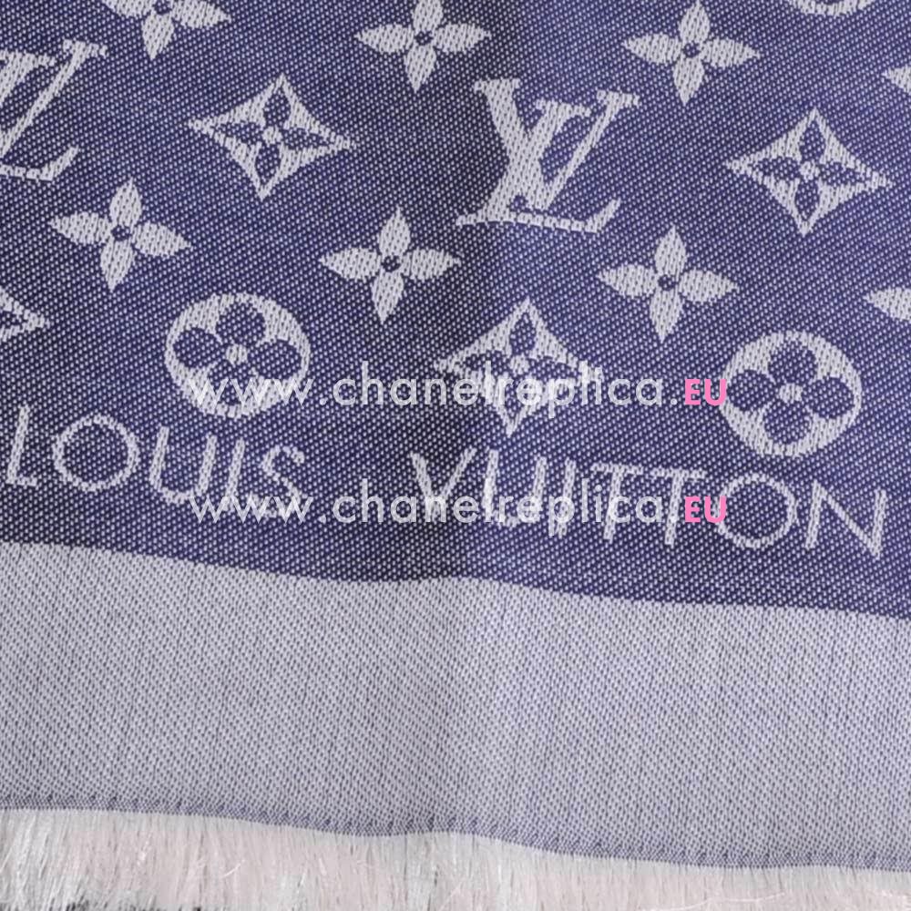 Louis Vuitton Monogram Flower Figure Denim Silk Wool Shawl Blue M7137G