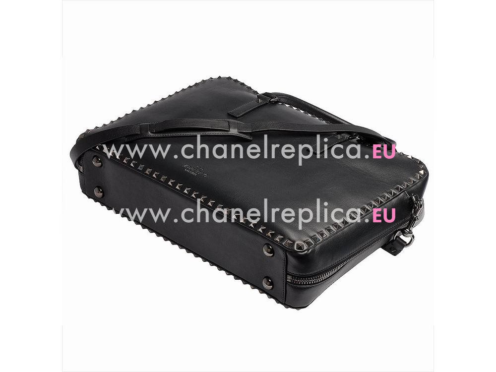 Valentino Rockstud Calfskin Double Chain Briefcase Black VA58608