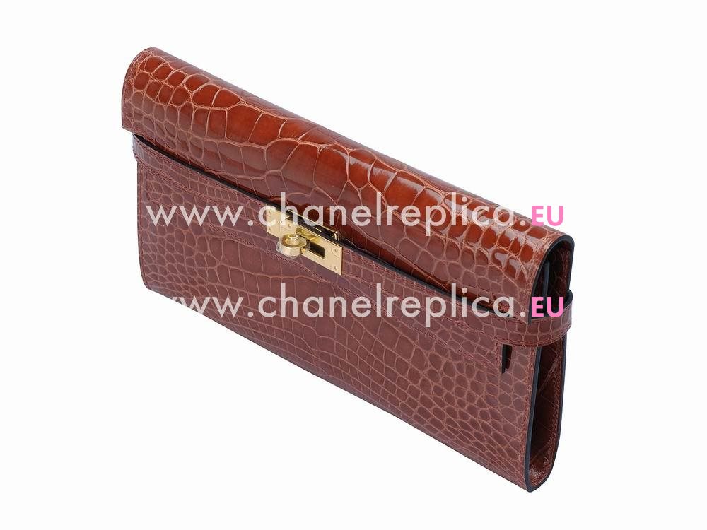 Hermes Crocodile Kelly Long Wallet Brick Red H49399