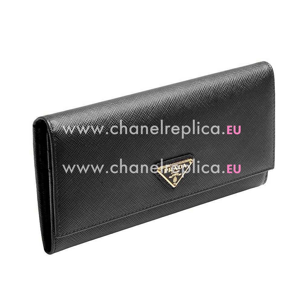 Prada Saffiano Triangle Triangle Logo Cowhide Wallet In Black PR61017028