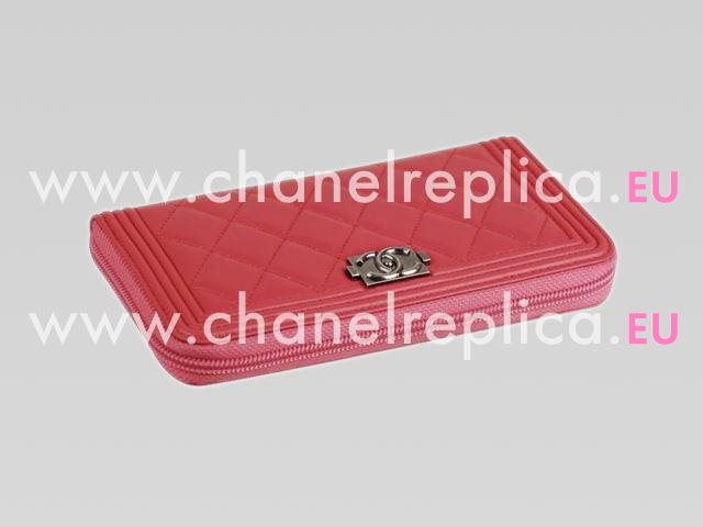 Chanel Boy Lambskin Antique-Silver Zipper Wallet Peach-Red A40037