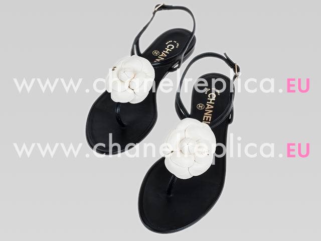 Chanel Golden CC White Camellia Sandals In Black CH44392