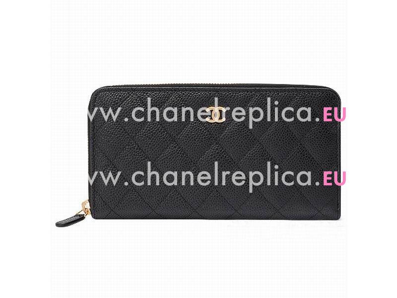 Chanel Caviar CC Logo Long Wallet Black Gold A49982