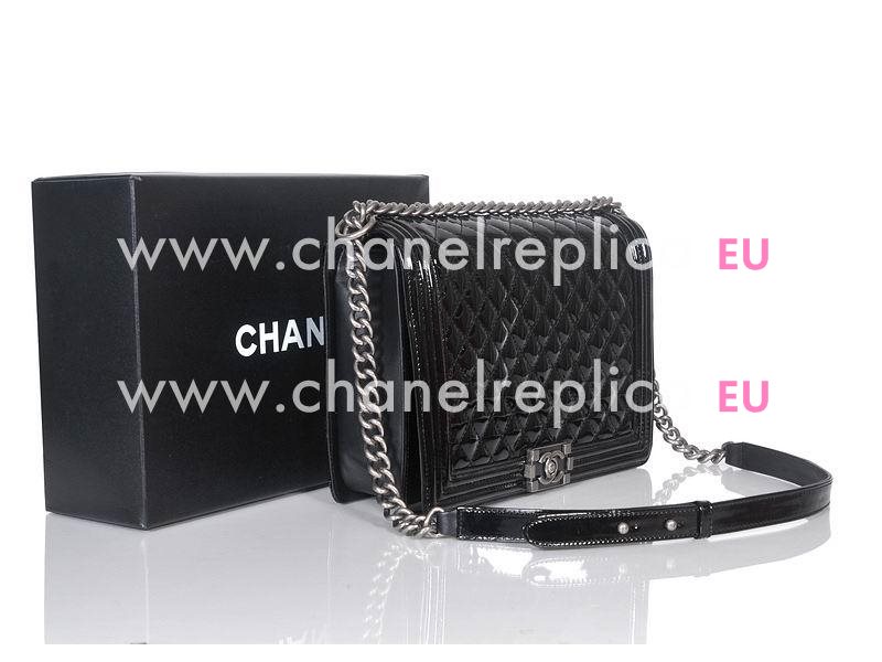 Chanel Boy Patent Leather 30cm Bag In Black(Antique-Silver) A49860