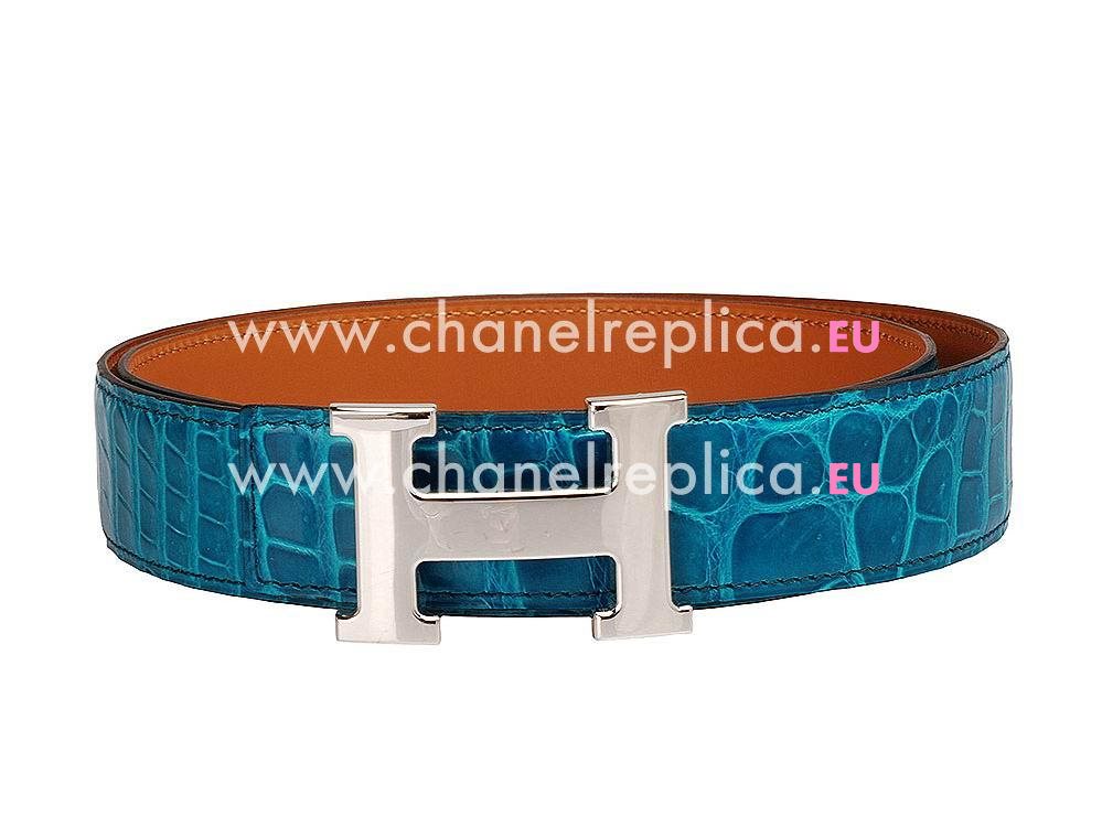 Hermes Big Silver H Logo Turkey Blue Crocodile Belt H535228