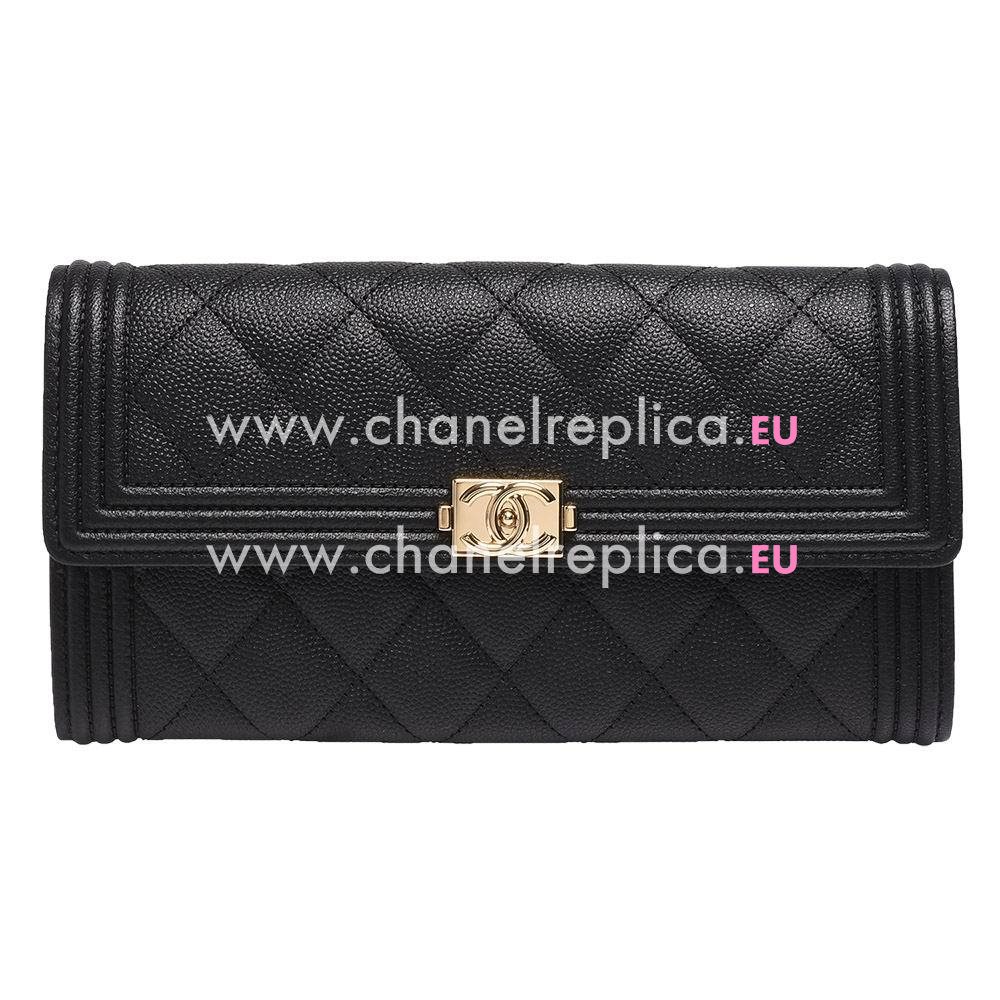 Chanel Rhomboids Stripe CC Logo Caviar Calfskin Boy Wallet Black C7041507