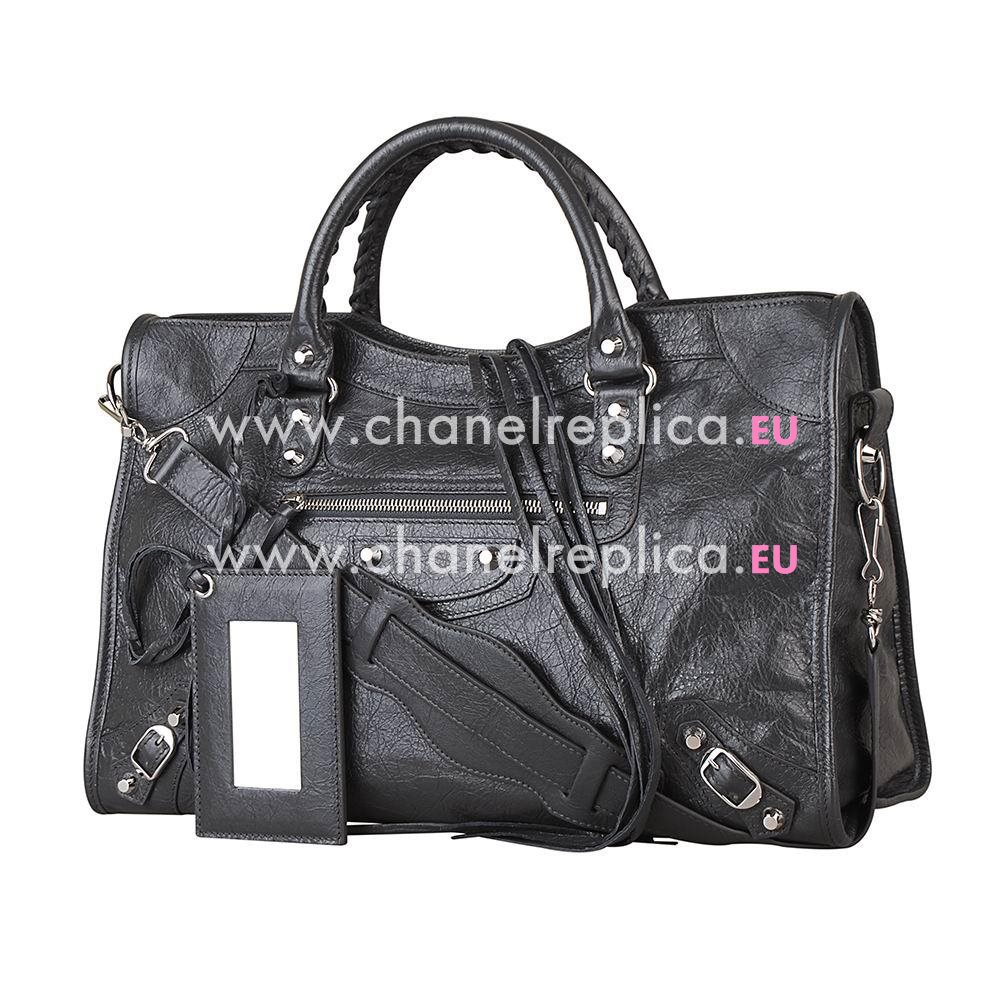 Balenciaga City Silvery Button Sheepskin Bag Deep Gray B7050716