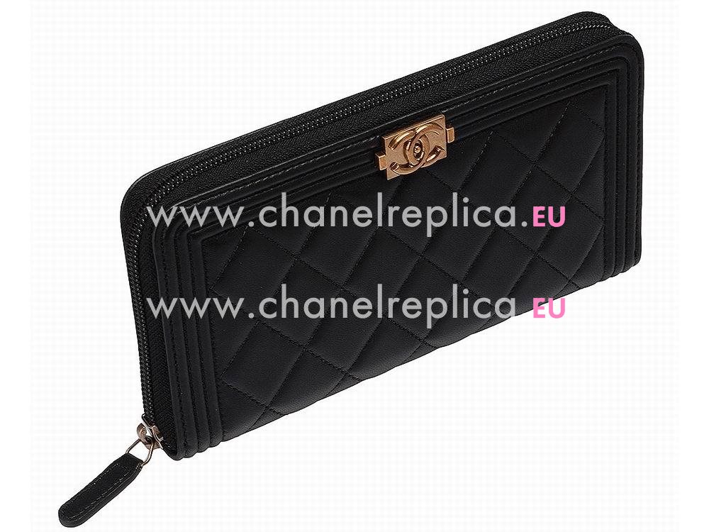 Chanel Lambskin Anti-Gold Lock Boy Zipper Wallet Black C533529
