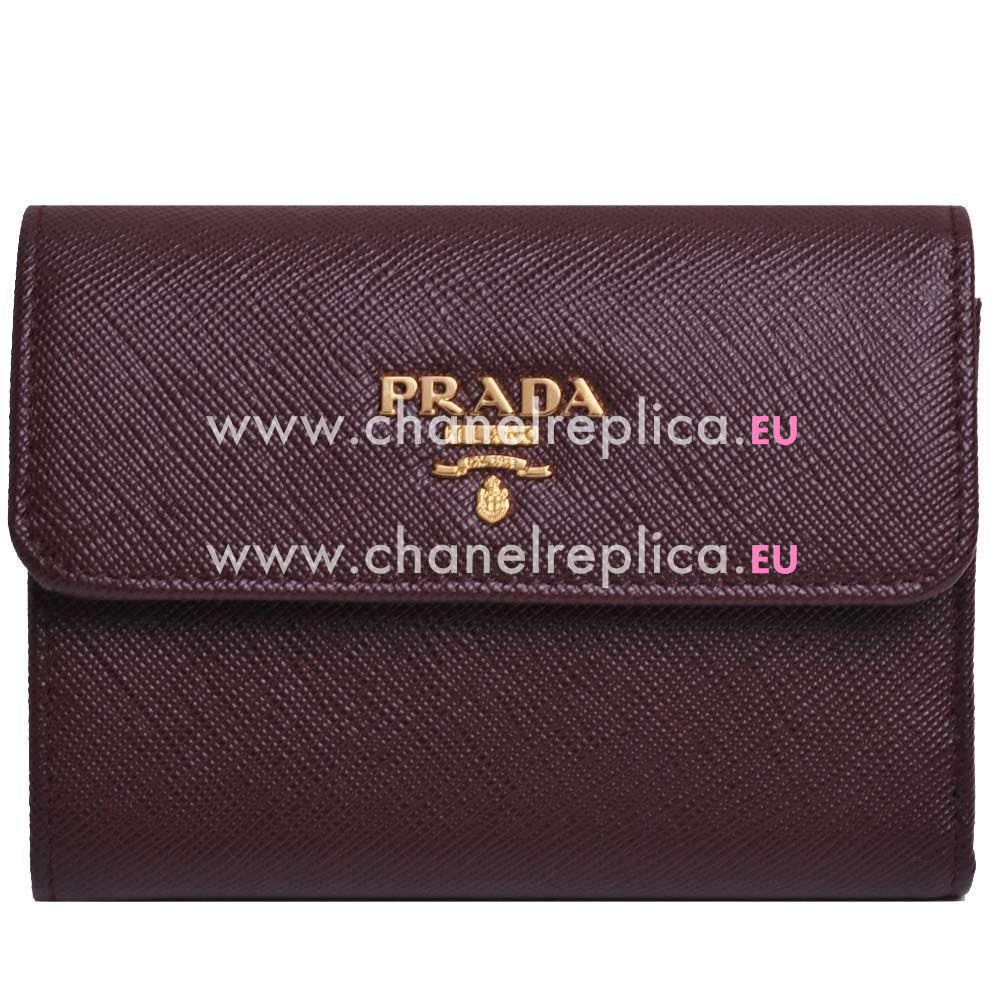 Prada Saffiano Gold Embossment Logo Cowhide Loose Change Wallet In Deep Burgundy PR61017038