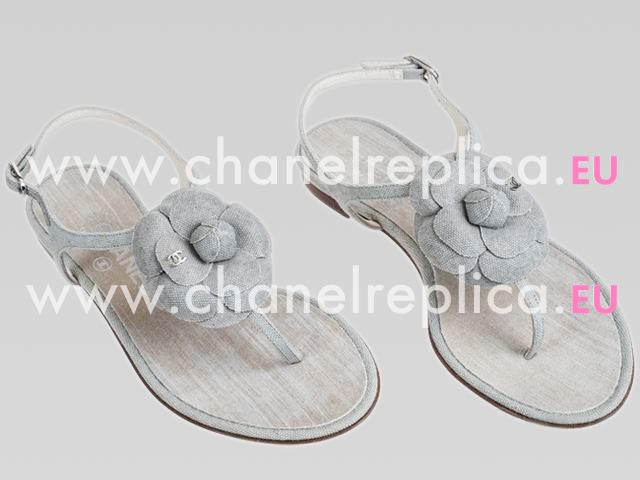 Chanel Golden CC Denim Camellia Sandals In Gray CH44281