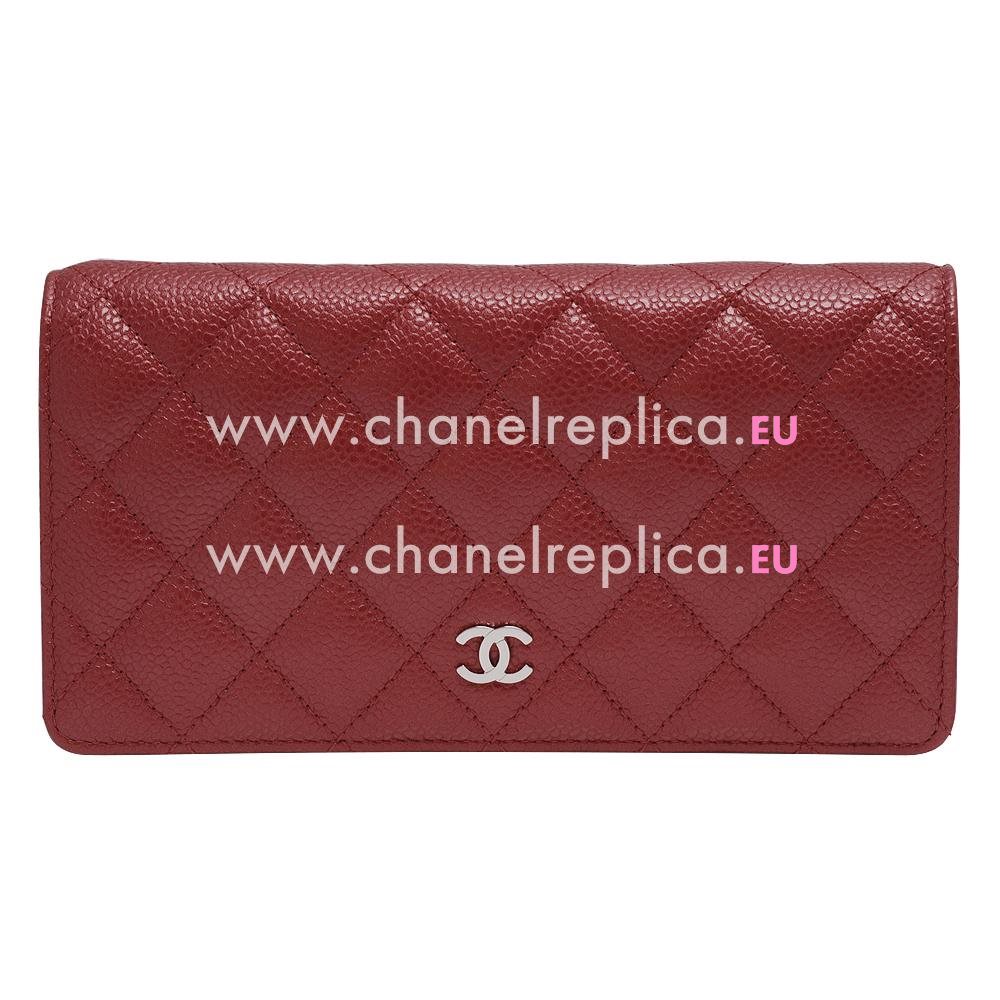 Chanel Caviar Silver CC Long Wallet In Red C56564