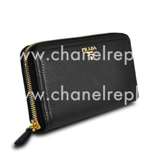 Prada Saffiano Gold Embossment Logo Cowhide Zipper Wallet In Black PR5102255