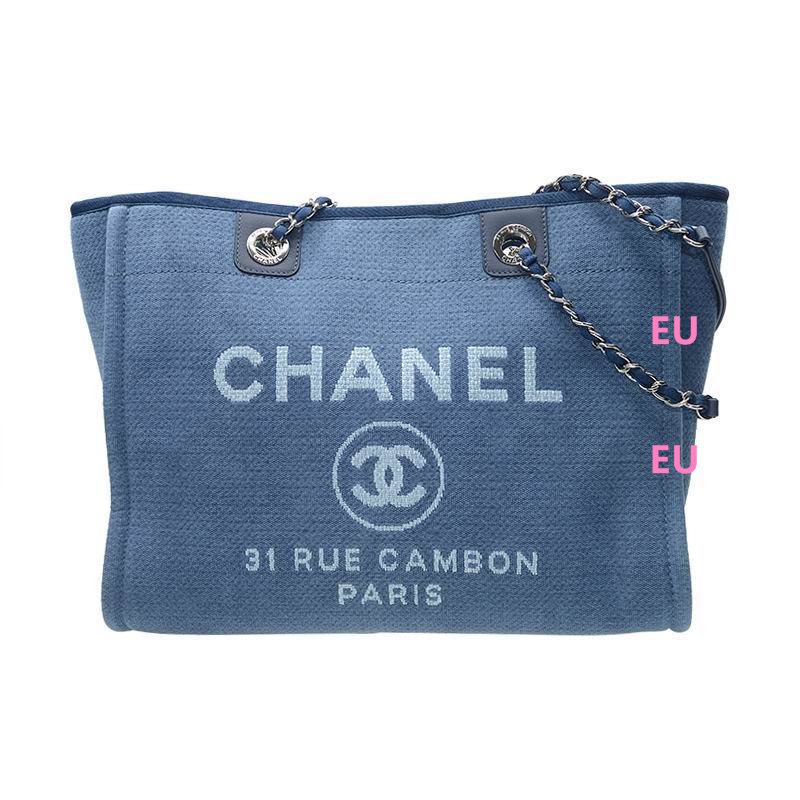 Chanel Toile Canvas Deauville Chain Shoulder Tote Bag Blue A67001BLUECTO