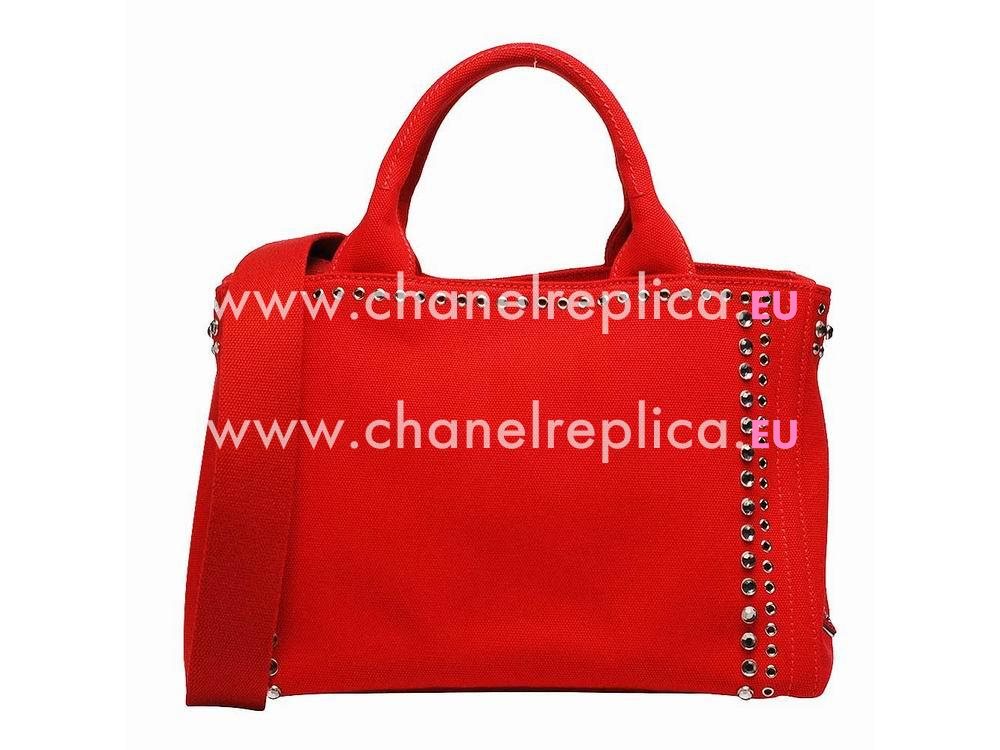 Prada Canapa Emboss Logo Denim Shoulder Bag Rose Red BN57339