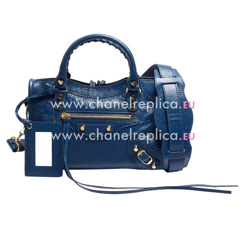 Balenciaga Classic Mini City Gold Button Lambskin Motorcycle Bag Blue B7021502