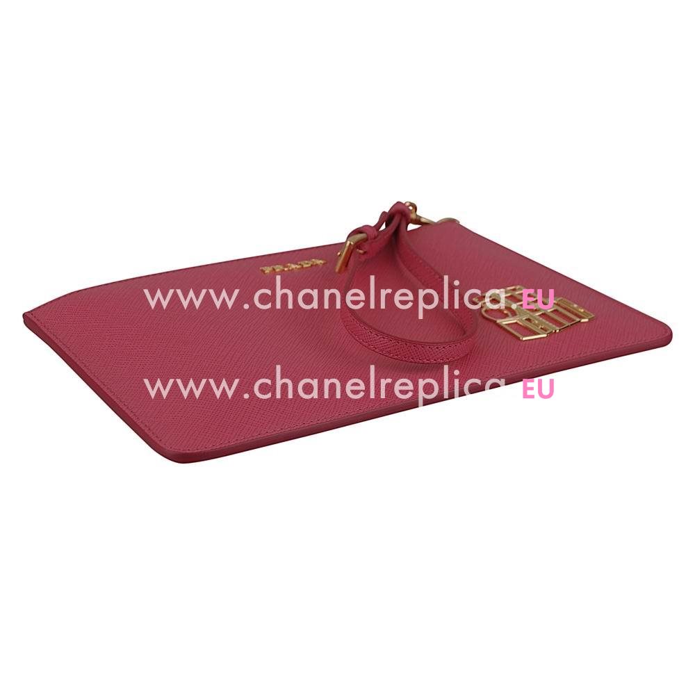 Prada Saffiano Gold Embossment Logo Cowhide Zipper Handle Bag In Rose Red PR69B535