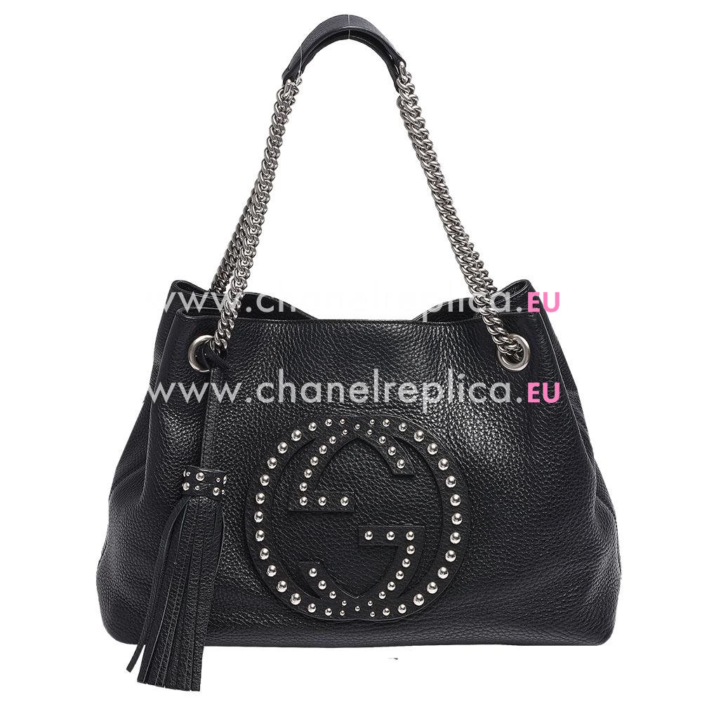 Gucci Soho Calfskin Rivet GG Logo Tote Bag Black GU56B09