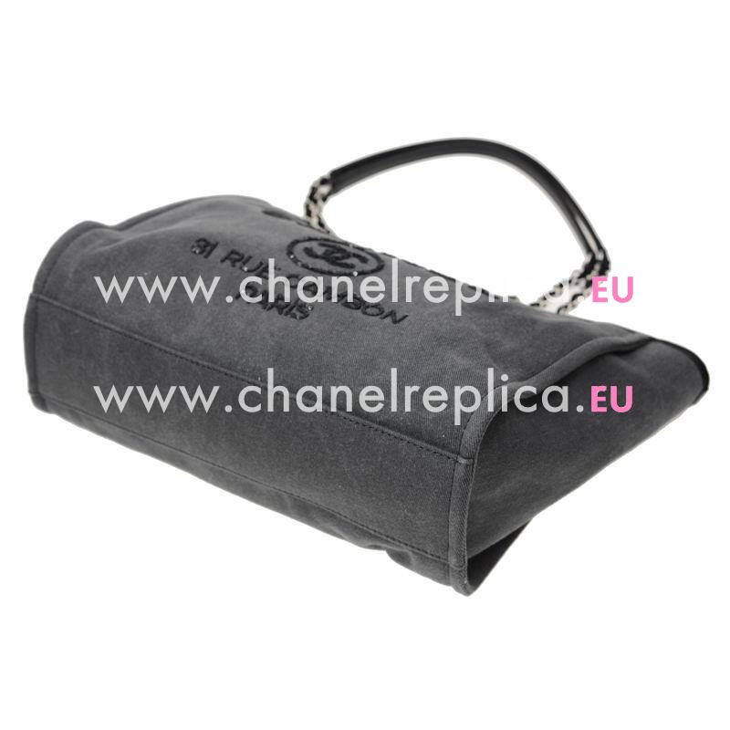 Chanel Denim Canvas Deauville Shop Tote Bag Silver Chain A67001CLGREY