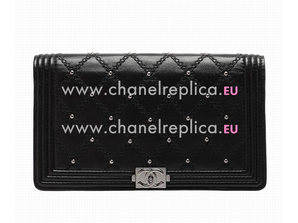 Chanel Lambskin Embroidery Small Rivet Silver Lock Boy Long Wallet Black C551061
