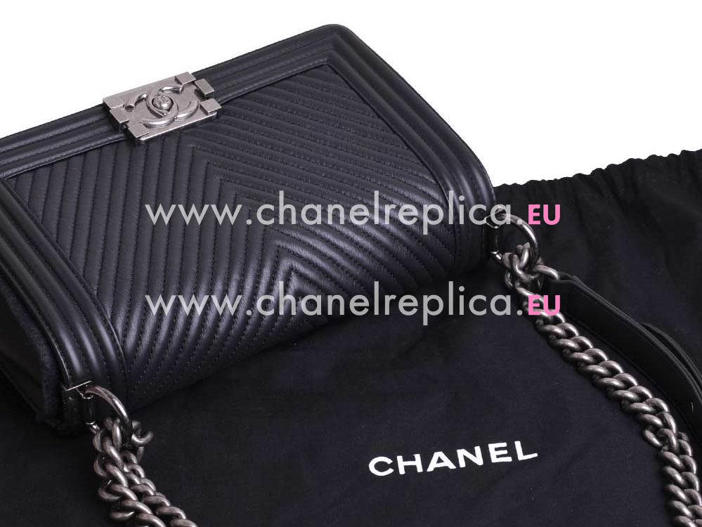 Chanel Calfskin Medium Boy Bag Weave Quilted Black Silver A92493